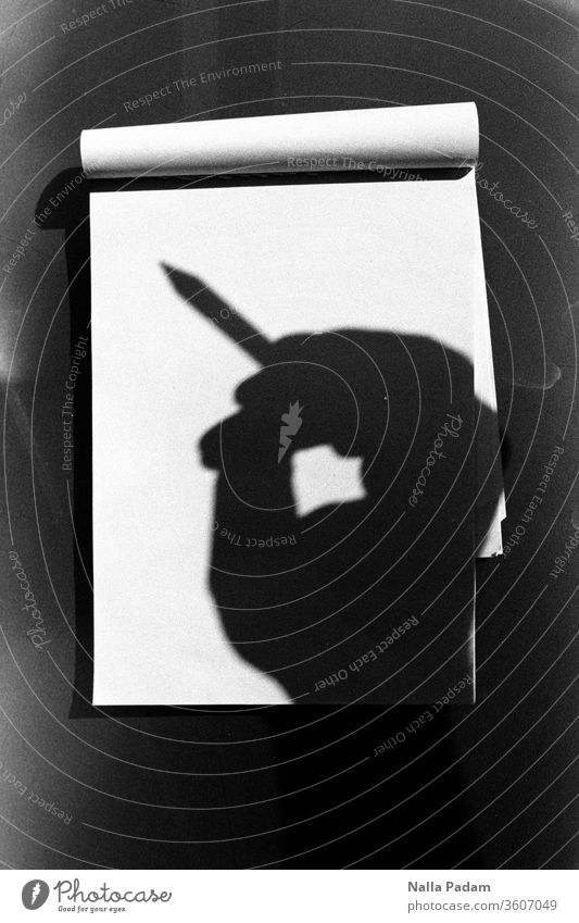 Shadow note Analogue photo by hand notepad Paper pen Black & white photo Write White School Pen Empty Blank Idea author