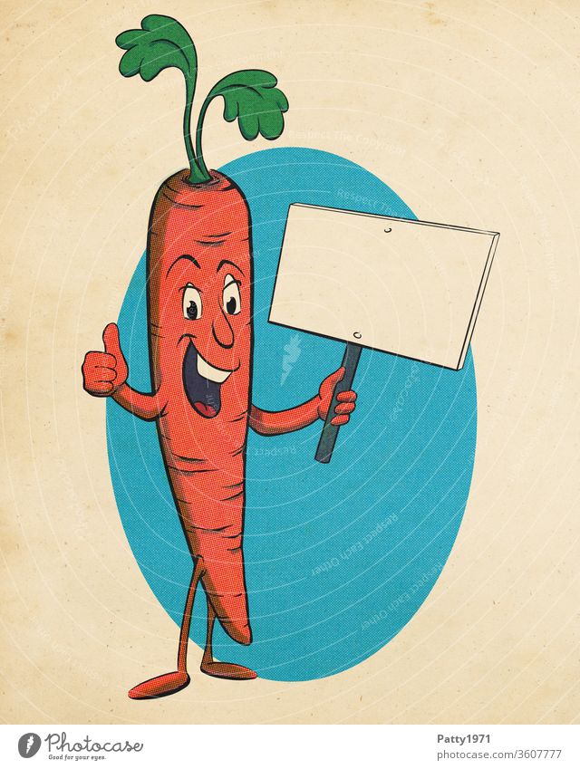 Funny cartoon carrot in retro halftone effect holds sign with text space and shows thumbs up Cartoon Comic Copy Space halftone printing semitone Positive