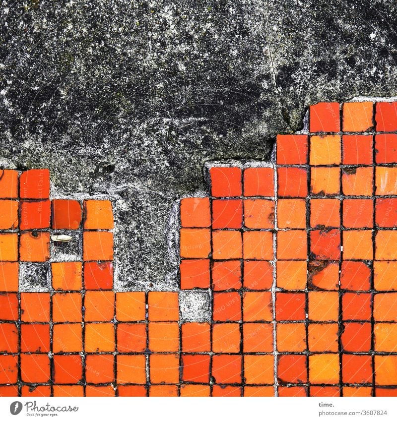 old | big city at night Wall (building) squares Orange tile mark Design Parallel Stripe Red Dirty Trashy worn-out Construction site Notches Surface texture Line
