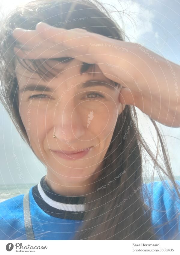 Selfie by the sea Nose ring Ocean Wind luck Contentment Exterior shot Face of a woman