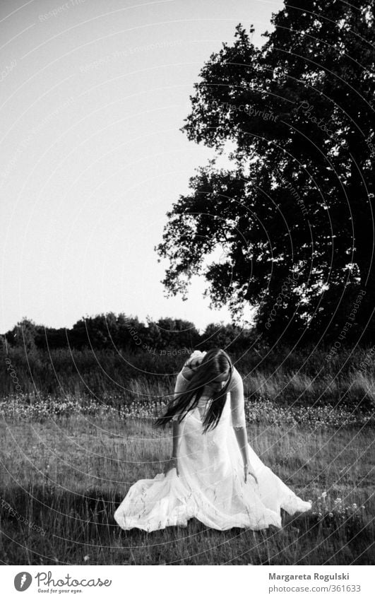Wedding in black and white Nature Landscape Sky Meadow Field Forest Fashion Dress Long-haired Esthetic wedding dress Black & white photo Exterior shot