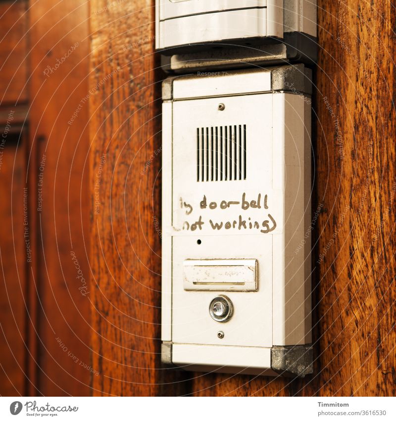 Note - Doorbell is putt door Intercom system broken Out of service Wood Characters Clue Broken Deserted Detail technique