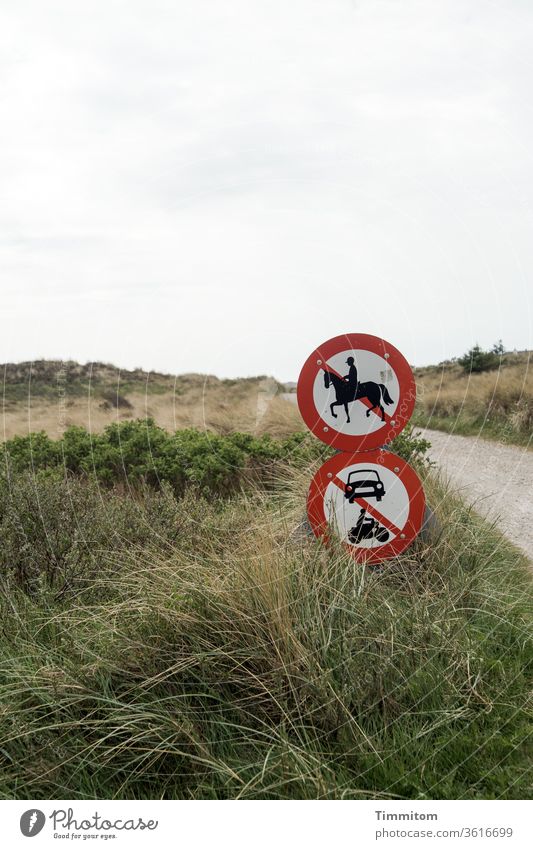 Pretty traffic signs on an already quiet road Denmark Road sign Lanes & trails Sky dunes Marram grass Nature Vacation & Travel Colour photo Prohibition sign