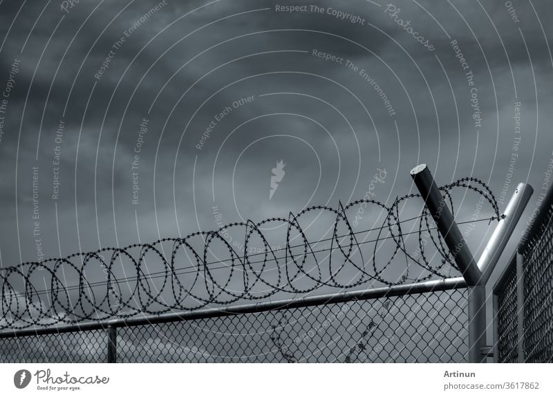 Prison security fence. Barbed wire security fence. Razor wire jail fence. Barrier border. Boundary security wall. Prison for arrest criminals or terrorists. Private area. Military zone concept.