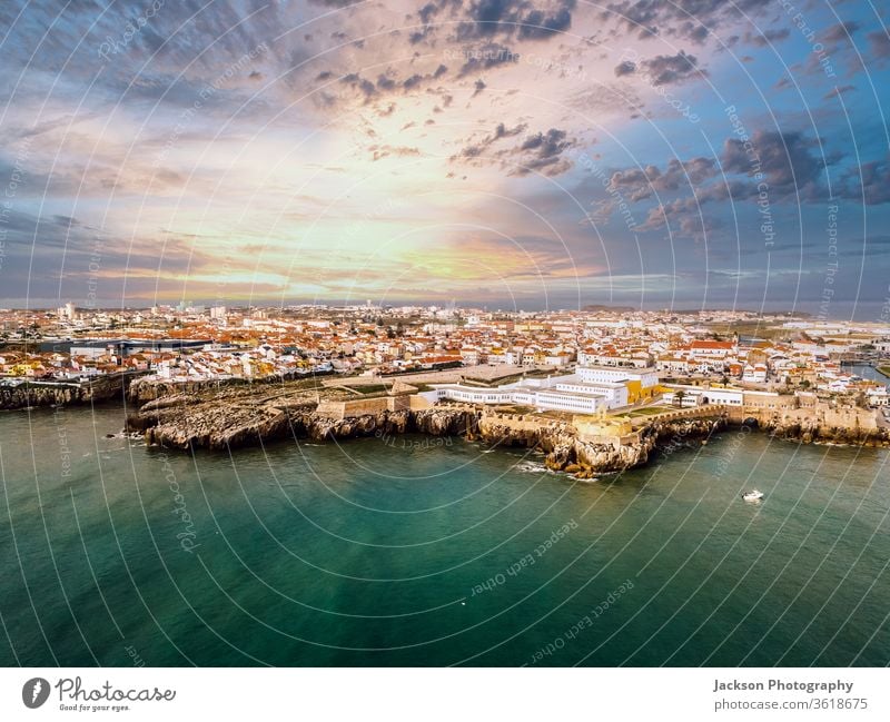 Aerial view of Peniche with the fortress, Portugal urban cityscape City peniche Landmark Antenna Fortress Above Castle Citadel History of the Monument built