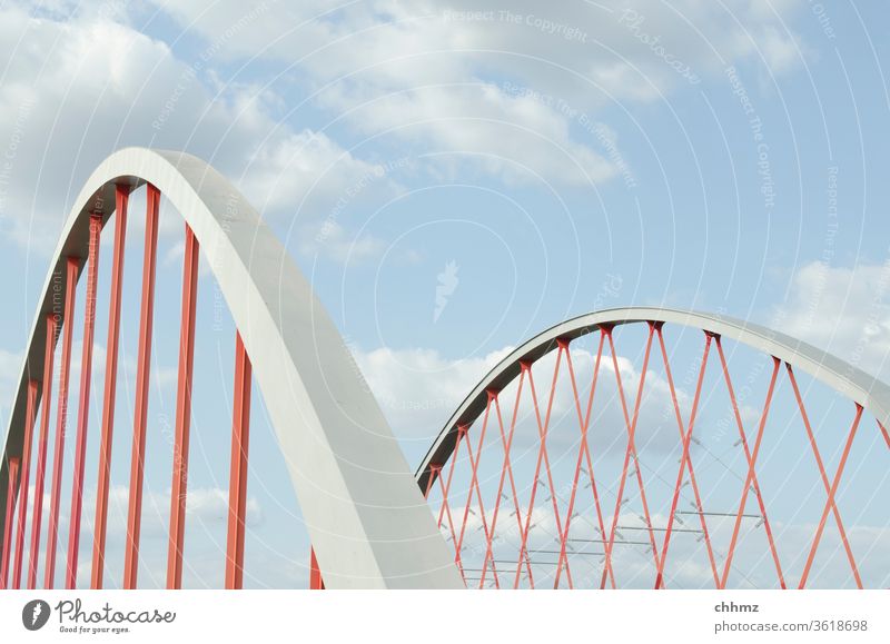 bridge Sky Blue Clouds Carrier Wire cable Infrastructure Architecture Steel Construction Rope Red Metal Steel carrier Exterior shot Transport Street Iron