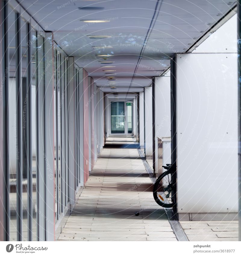 A pergola, which opens up again and again to form a kind of terrace, extends into the depths of the picture. On the left side of the corridor a glass wall, on the right side staircases at regular intervals. A bicycle tire protrudes from one into the picture
