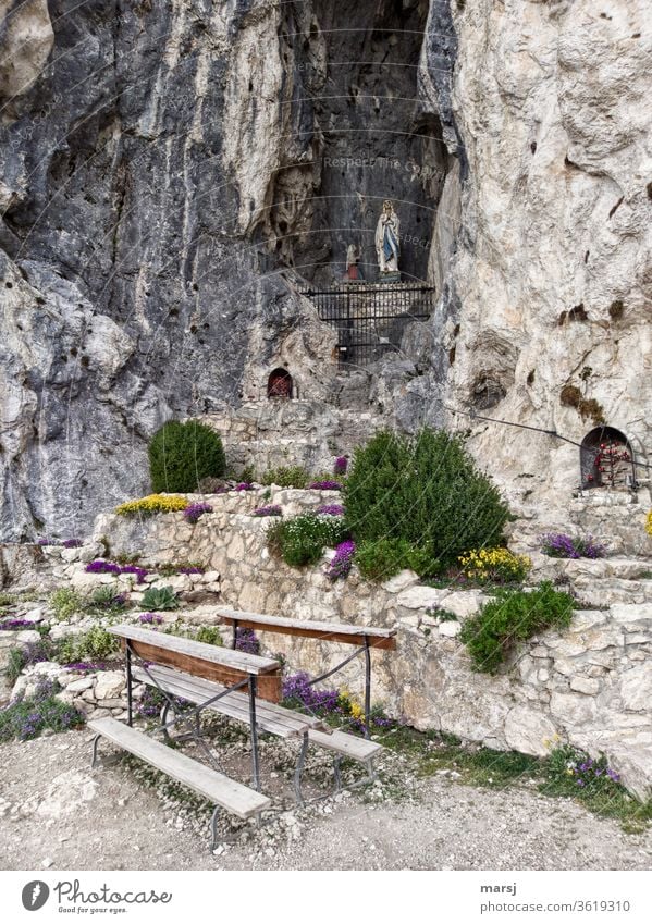Mariengrotte under the castle ruin Falkenstein in Pfronten Mary's Grotto Place of worship Marian devotion rock Rocky Grotto Stone Seating tranquillity silent