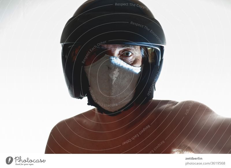 Safety with mask and helmet Suit Movement Motion blur spirit spectral Interior shot Man Mask masquerade Human being Room Copy Space Theatre cladding room Helmet