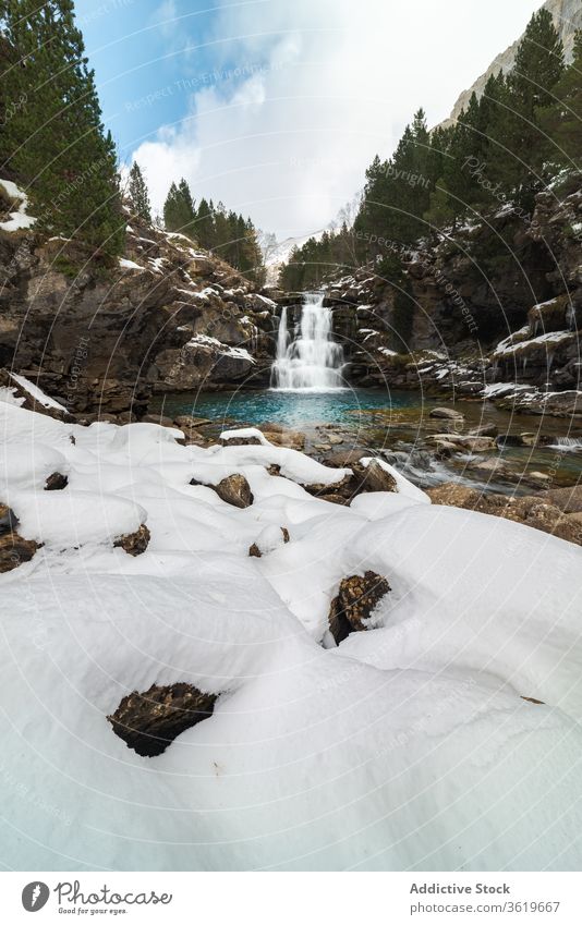 Waterfall with pool among snowy mountains waterfall forest nature landscape winter wild stream picturesque scenic environment rock scenery harmony cold season