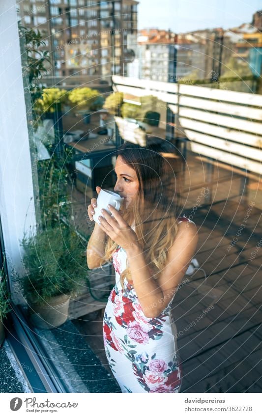 Woman drinking coffee while watching the views woman looking through the glass window beverage break reflection tea elegant female resting pause cup young