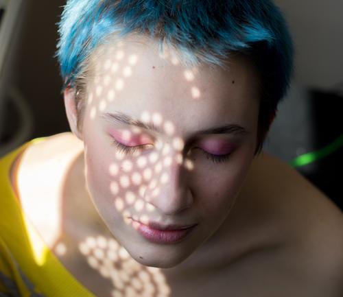 Girl with blue hair and pink makeup with light dots on her face Lady Make-up Pink Blue Beauty Photography Fashion Woman Beautiful Model Face Elegant Style