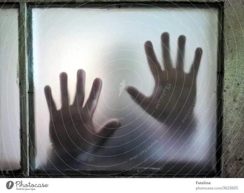 Help! - or hands are pressed against a milk glass pane Window Architecture House (Residential Structure) built Colour photo Window frame window glass