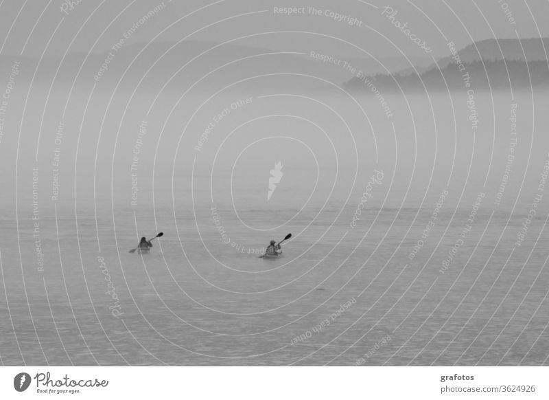 Lonely kayaks in the fog black-and-white White Black Canoe Sports Loneliness togetherness Sports Training North by oneself Water Ocean Canoeing in pairs