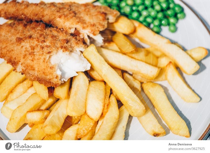 Fish and Chips with peas fish chips food haddock hake battered cod english crispy fillet dinner british fried meal seafood french potato plate dish cooked