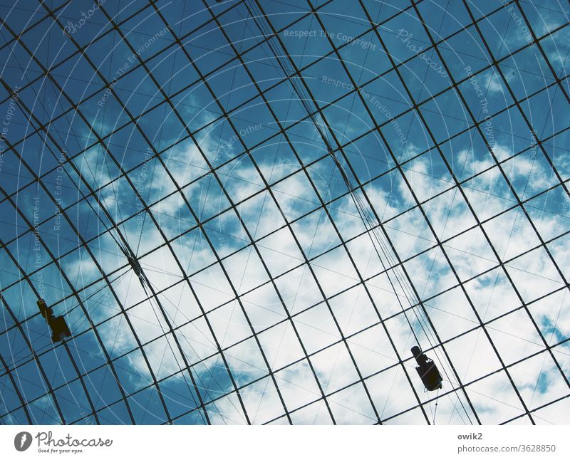 About us Grating Glass roof Sky Clouds Above Interior shot Architecture Roof Day Blue White Metal Construction Protection Abstract Detail Upward Pattern