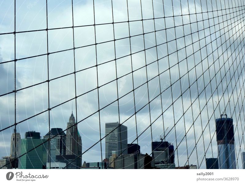 New York behind bars... Brooklyn Bridge Grating Wire netting fence cloudy Manmade structures Skyline Manhattan Architecture USA Tourist Attraction bad weather