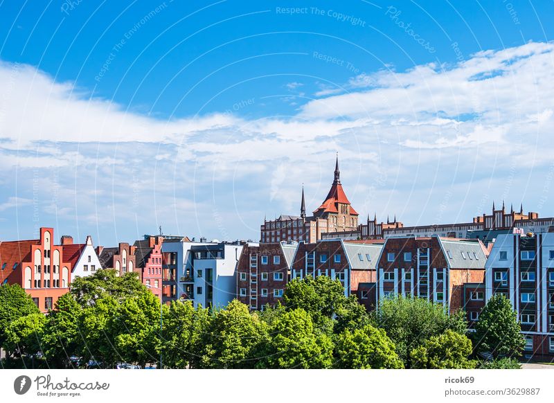 View of historical buildings in the Hanseatic City of Rostock Town Mecklenburg-Western Pomerania Architecture houses built Landmark Tourist Attraction Church