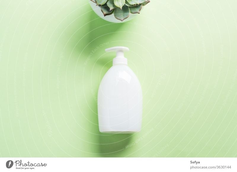 White natural soap bottle on pastel green dispenser generic cream flat lay hand hygiene mockup design beauty body bottles care clean succulent conditioner