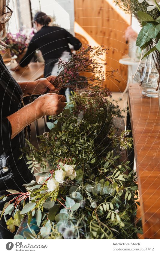Mature woman arranging flowers in shop floristry bouquet green plant create choose compose arrange designer decorative female creative work occupation