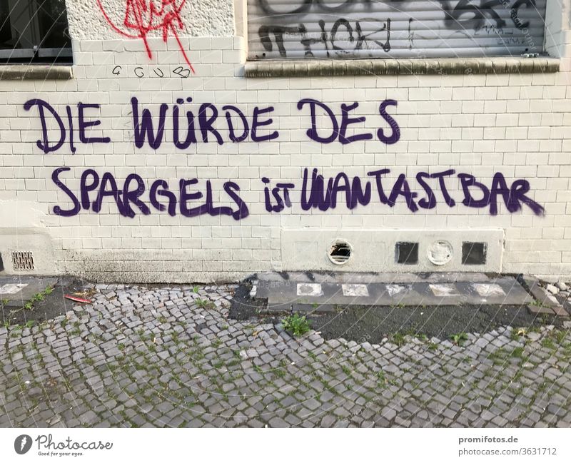 Graffiti: "The dignity of asparagus is sacrosanct". Seen in Berlin. Photo: Alexander Hauk Art Wall (building) house wall corona corona crisis covid19 Healthy