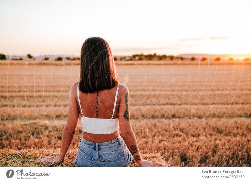 portrait of beautiful woman in a yellow field at sunset. Summer time relax sunrise caucasian blessing female carefree young lifestyle nature summer vitality