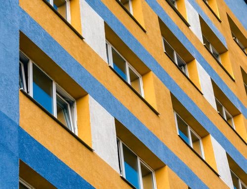 modern house with yellow and blue walls and empty windows Ukraine Apartment Apartments Architecture background Blue bottom view built City colourful