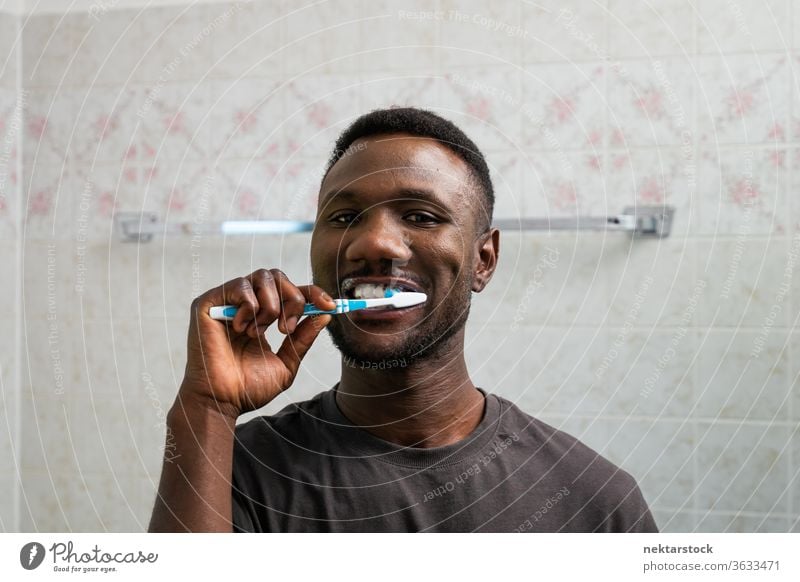 Young Black Man Brushing Teeth Thoroughly brushing teeth toothbrush 1 person African ethnicity grooming toothpaste looking at camera mouth thorough meticulous