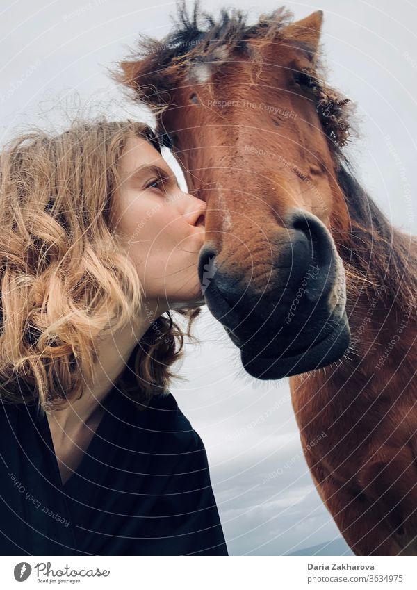 Girl kissing the horse selfie girl woman hourse pet friends friendship love Portrait photograph young lifestyle happy together female beautiful togetherness