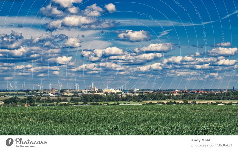 Landscape Portrait Saxony-Anhalt Clouds Blue Field Town green Saturday Industry nikonic sky variegated Wonderful already Summer's day In transit