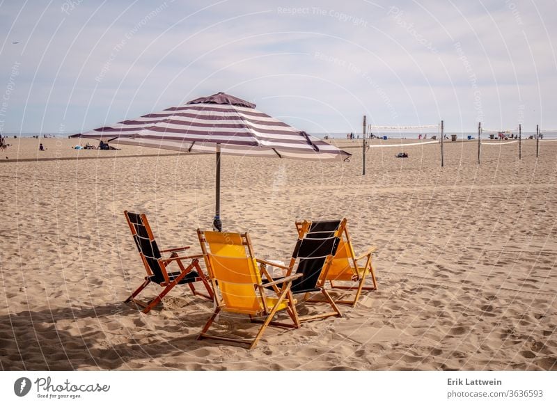 Parasol and chairs at the beach california ocean sand sea pier landmark water wheel dusk sunset american seascape sky santa monica pacific angeles los coast