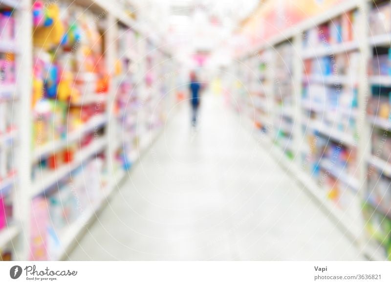 Market shop and supermarket interior blur background store grocery people customer shelf retail buy mall aisle perspective consumer food sale business light row