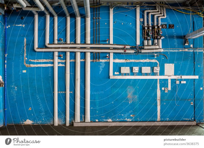 Pipelines with thermal insulation conduit Transmission lines Heating Dial indicators Blue White Interior shot Deserted Insulation Structures and shapes