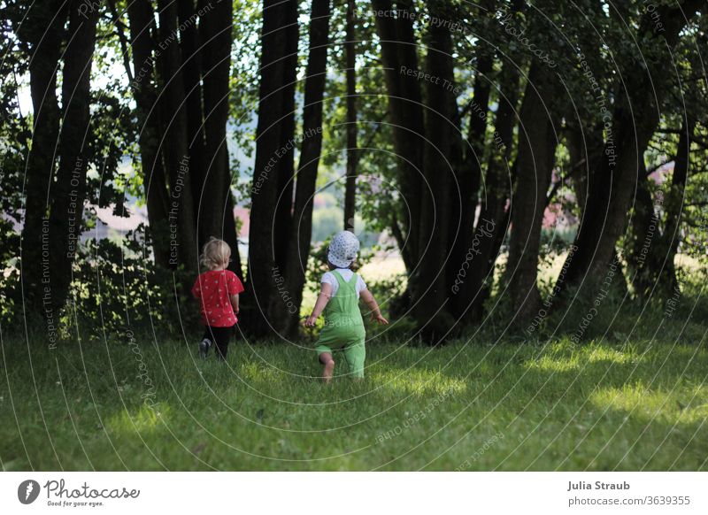 two little children running on a meadow to a stream trees Meadow clearing Running Catch play catch Overalls Cap Children's game Infancy Summer Green Free