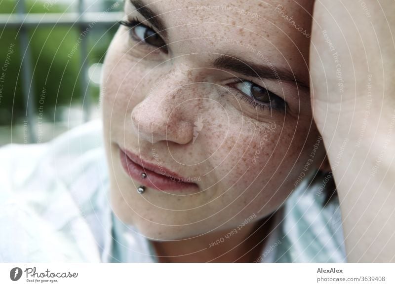 Portrait of a young, freckled woman Young woman Top windy hair brunette already Intensive Youth (Young adults) 18-25 years Looking into the camera feminine