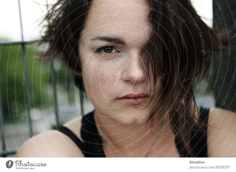 Portrait of a young, freckled woman Young woman Top windy hair brunette already Intensive Youth (Young adults) 18-25 years décolleté Looking into the camera
