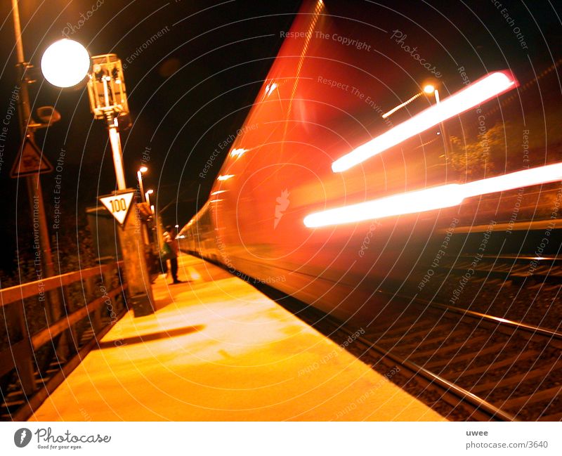 wait in vain ... Platform Night Railroad Railroad tracks Tracer path Lamp Motion blur Time Come Depart Driving Morning Transport five o'clock Wait Movement