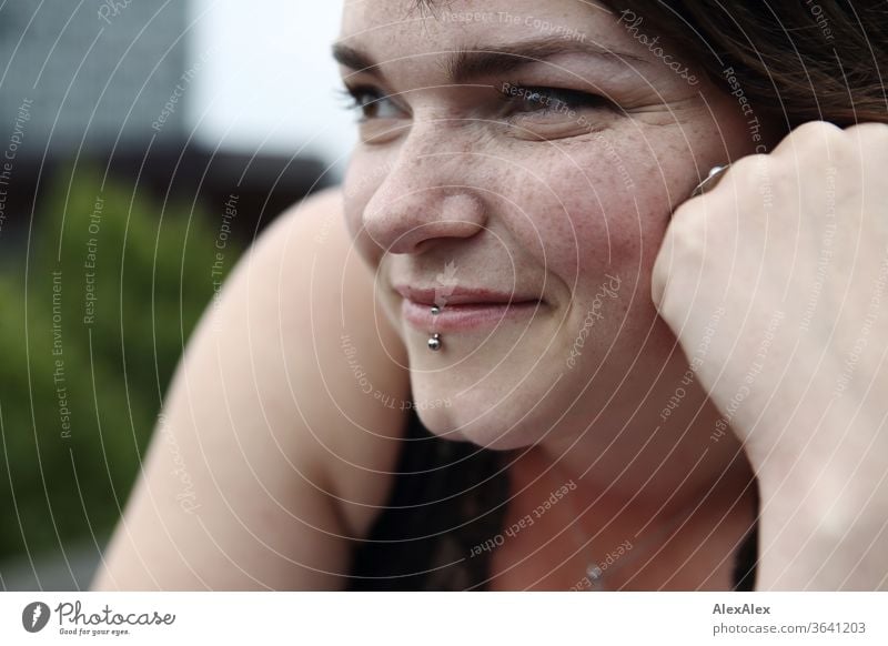 Portrait of a young, freckled woman Young woman Top windy hair brunette already Intensive Youth (Young adults) 18-25 years décolleté Looking into the camera