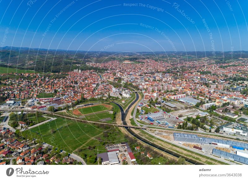 Valjevo, Aerial view panorama of City in Serbia Kolubara Gradac Balkan Europe travel landscape spring environment green outdoors aerial city sky history