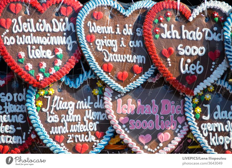 Typical bavarian gingerbread heart close-up colorful colors day daylight decor decoration love symbol symbolic texts tradition typical various writing