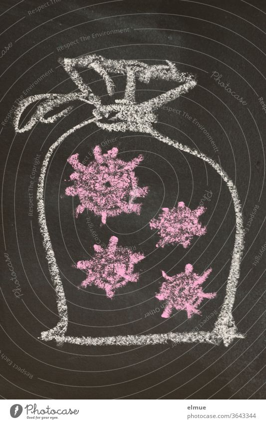 stylized bag with viruses on a black board drawn with white and red chalk Sack Chalk Blackboard corona Protection risk of contagion Quarantine Drawing