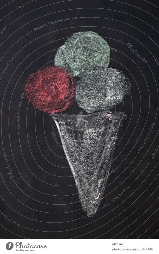 ice cream cone with three different coloured ice cream balls drawn with chalk on a black board Chalk ice-cream cone Drawing Ice cream ball Blackboard blackboard
