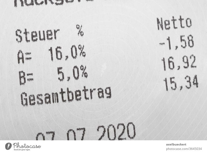 Receipt shows reduced value added tax Reduction of value added tax mwst. Reduced 16 receipt 5 Percent Germany reduction VAT finance Costs price Taxation