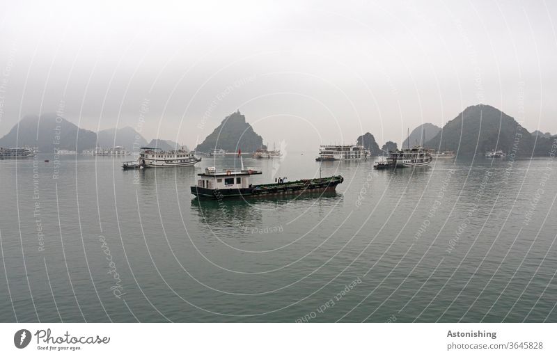 Boats in Halong Bay, Vietnam boats Navigation ship Many Rain Weather Exterior shot Colour photo Water chill Black conceit Copy Space top Fog Exotic Shadow