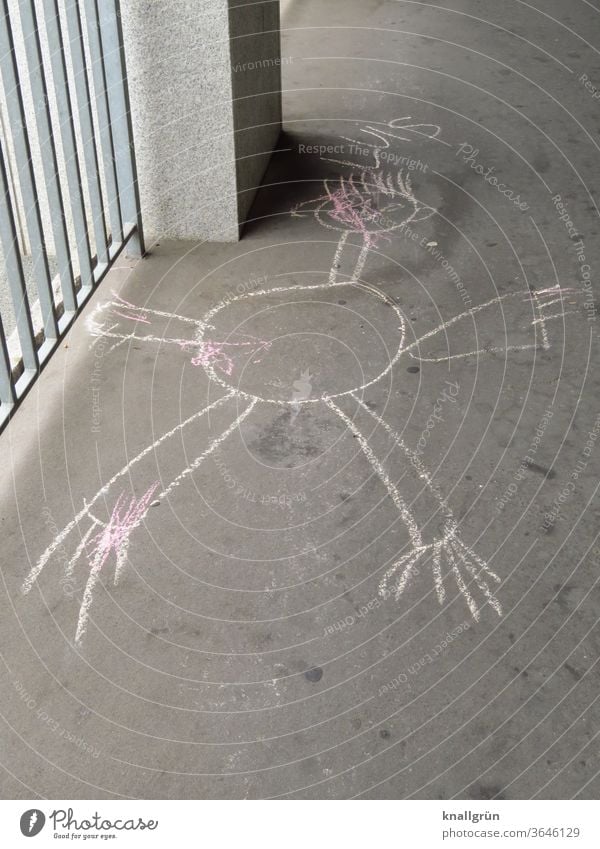 Matchstick man named Luis painted with chalk on the floor of a sidewalk Stick figure Chalk Children's drawing Chalk drawing pavement painting Asphalt Street