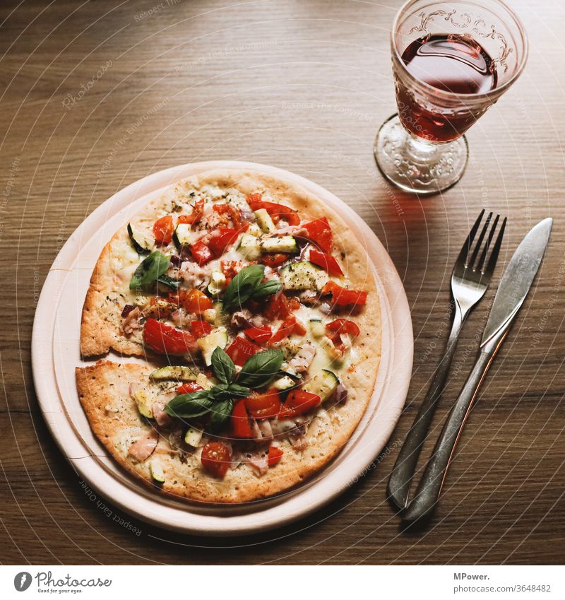 fresh pizza with wine Pizza Vine Cutlery Dinner Italian Food Eating Delicious Glass mediterranean cuisine hunger Interior shot Fast food Lunch Colour photo Meal