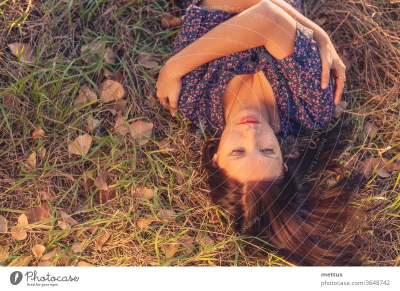 Young woman lying down in autumn swollen grass outdoor portrait top view young fall girl beautiful female pretty fashion face people caucasian season beauty