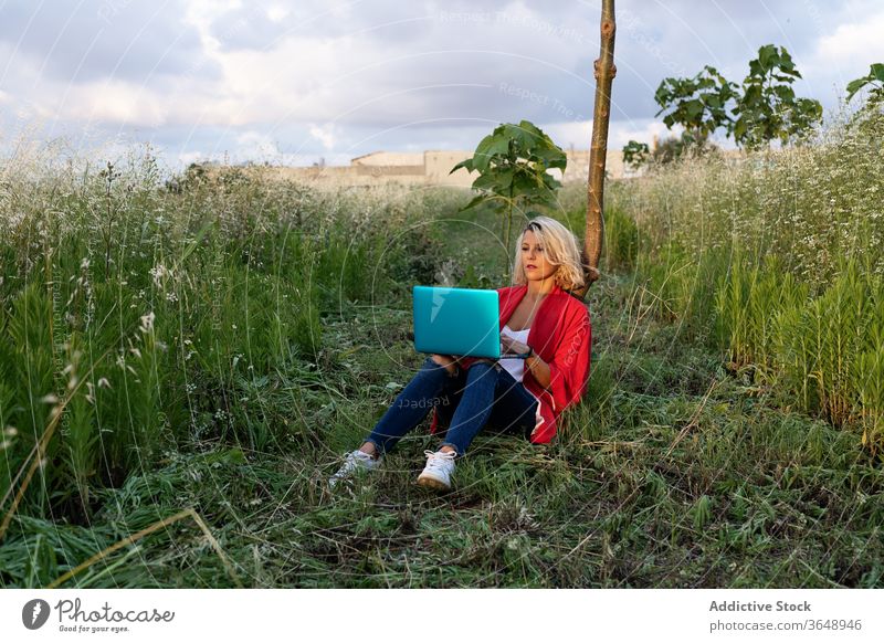 Focused woman working on laptop on grassy meadow using respirator modern countryside nature calm tree portable lawn casual peaceful rural style netbook browsing