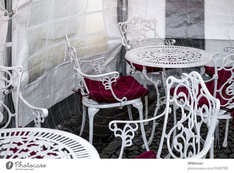 The ice season falls into the water ice cream parlour chairs tables Winter garden Café rainy chill Ornament vintage Ornate Outdoor furniture wind deflector Tent