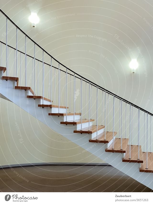 Staircase, end of the 50s, in elegant swing down Stairs hovering Swing Downward Upward stagger Handrail Curve lamps Abstract Architecture detail Banister